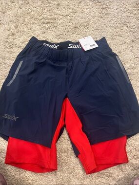 Men's Navy and Red Two-in-One Running Shorts-SWIX size Large-NWT